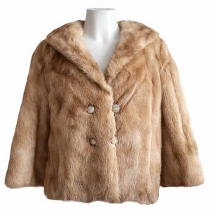 Vintage 1950s Mink Fur Jacket Cropped Blonde Brown 3/4 Sleeve M-L